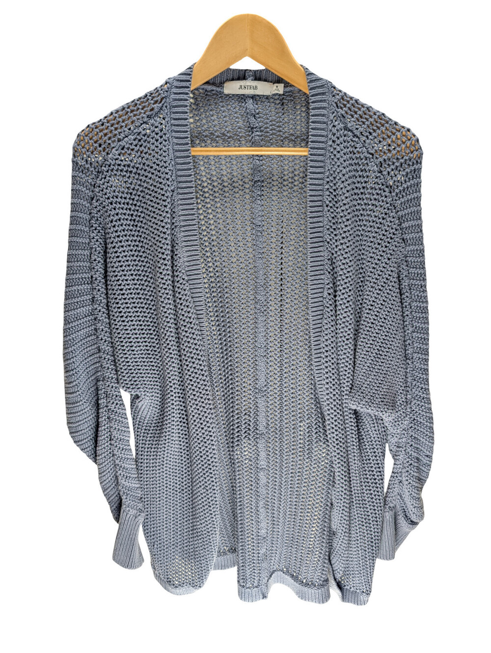 JustFab Open Knit Crochet Cardigan Sweater Blue Gray